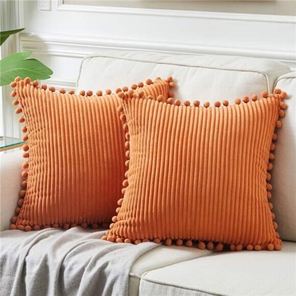 Pack of 2 Corduroy Fall Decorative Throw Pillow Covers with Pom-poms - Picture 1 of 8
